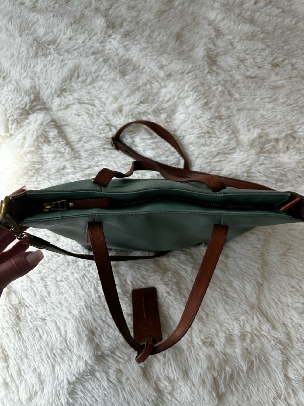 Fossil Sage Green Crossbody Shoulder Tote Bag Brown Leather Trim Everyday Purse - Picture 7 of 13